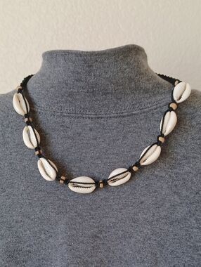Cowrie Seashell  Necklace Choker with Wooden Beads, 21" Adjustable Self-Tie